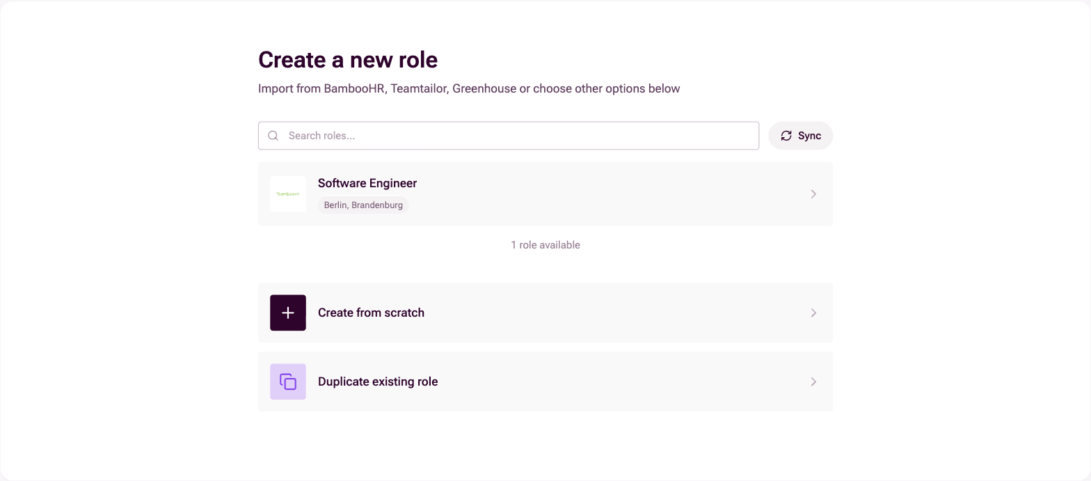 Create a new role screen, showing ATS jobs to pick from at the top and the Create from scratch and Duplicate existing role rows below