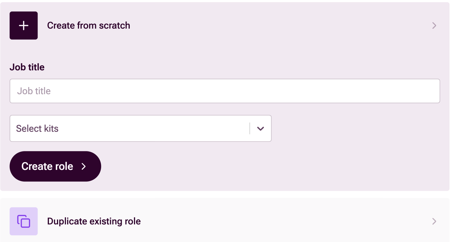 Create from scratch row expanded, showing the Job title field, Select kits dropdown and Create role button