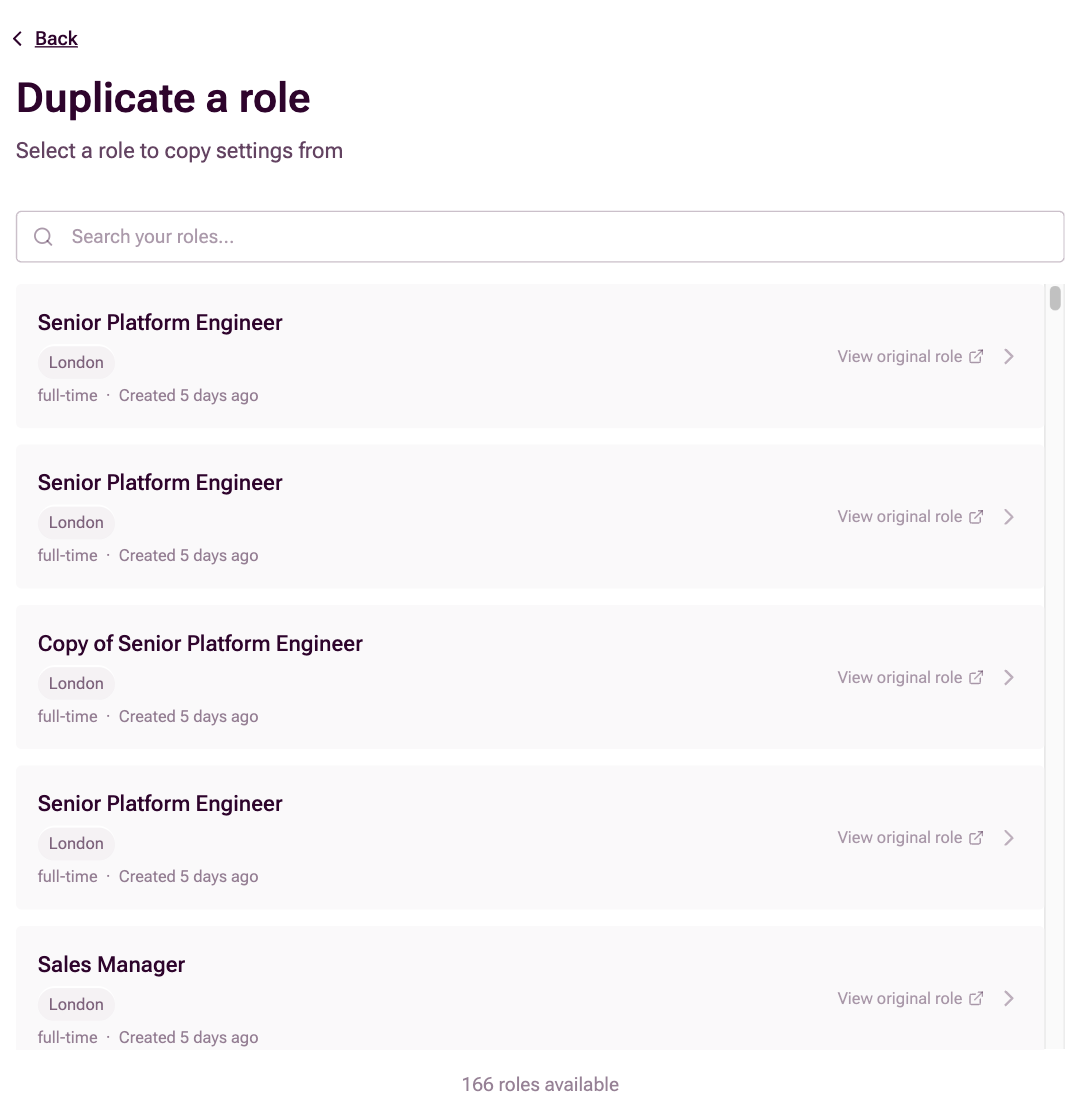 Duplicate a role screen, with a search box and a list of existing roles to copy settings from
