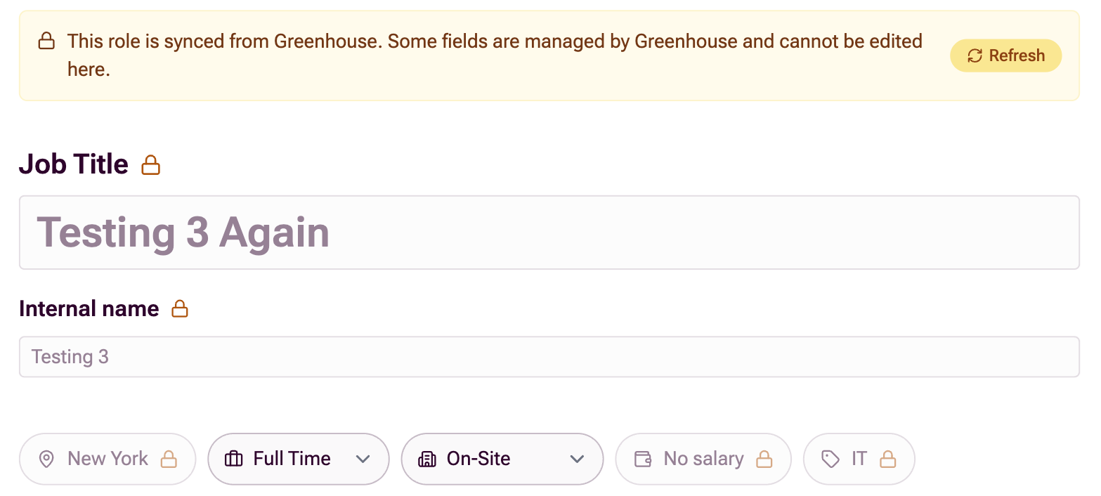 A role synced from Greenhouse. A banner says some fields are managed by Greenhouse and cannot be edited here, and the locked fields carry a padlock while others stay editable