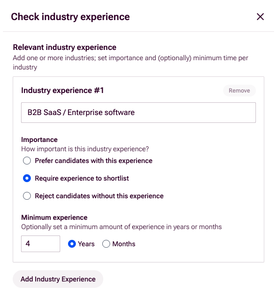 Check industry experience screen