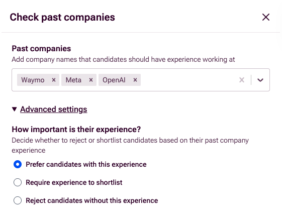 Check past companies screen