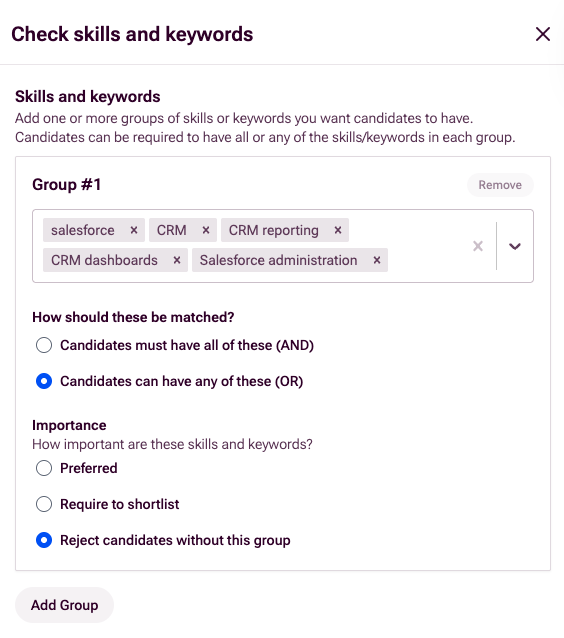 Check skills and keywords screen