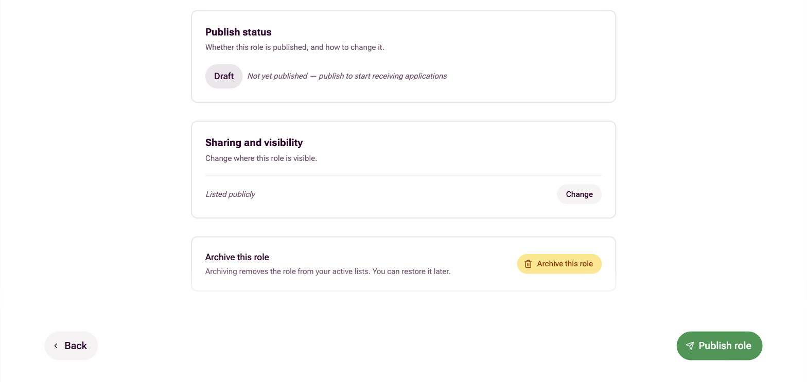 The Publish and Share step for a draft role, showing the Draft status, sharing and visibility, archiving, and the Publish role button